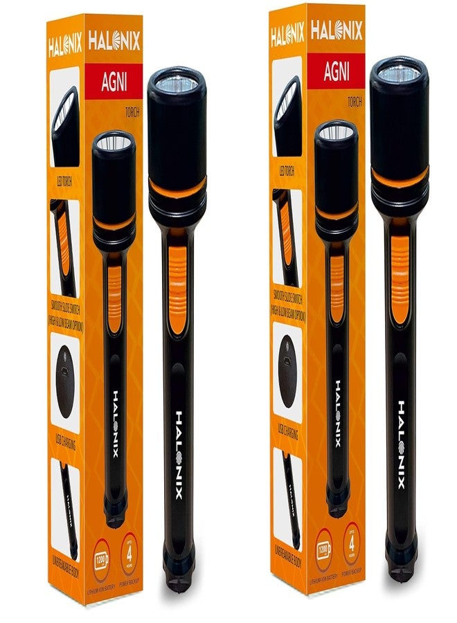 Halonix Plastic 3W Add-On Agni Rechargeable Emergency Led Torch | Flashlight with USB Charging | High Beam-Low Beam Feature | 4 hrs Back up | Slide Switch | Pack 2